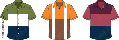 Men’s Color Block Shirt Vector Template  Short Sleeve Button-Up Flat CAD Illustration