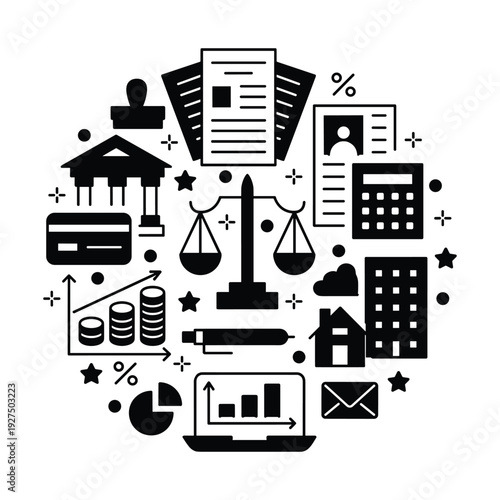 Business and finance circular emblem with icons for money law and data analysis