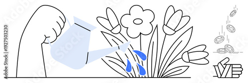 Financial growth, business investment, nurturing ideas, economic strategy, personal development, savings. Hand watering flowers, coins falling. Financial growth and business investment concept