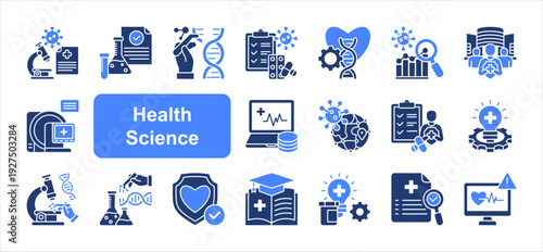 Health Science icon set, with Medical Imaging, Health Data Analytics, Medical Monitoring, Medical Innovat.