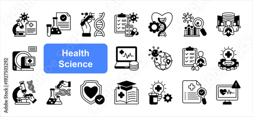 Health Science icon set, with Public Health, Preventive Medicine, Clinical Trials, Medical Educati.