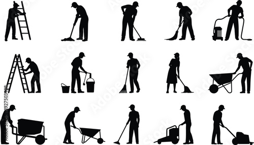 Black silhouette set of professional cleaners and manual laborers using brooms, ladders, vacuum cleaners, and wheelbarrows for maintenance and construction work
