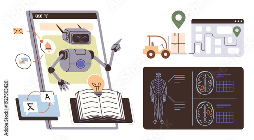 Artificial intelligence, logistics automation, healthcare diagnostics, translation technology, navigation, e-learning. Robot analyzing data with maps, books and medical imaging. AI and logistics