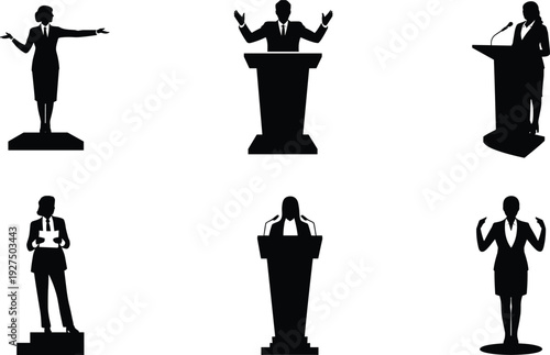 Black silhouette set of professional public speakers on podium, corporate presentation, political speech, business leadership, woman and man orator, lecturer