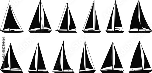 Black silhouette set of sailing boats in various sizes, maritime transport icons, nautical yacht regatta, luxury sailing vessels, ocean travel, sea