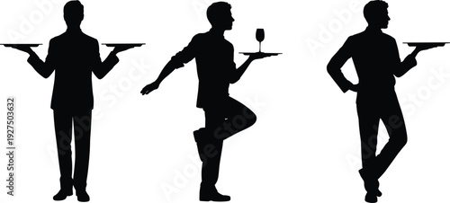 Black silhouette set of professional male waiters in formal suits carrying serving trays and wine glasses, hospitality catering service icon
