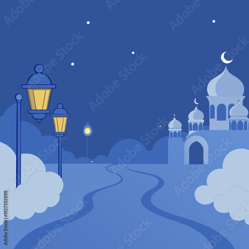 Vector illustration of a nighttime cityscape with mosque and street lamps