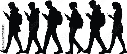 Black silhouette set of young people with backpacks walking while using smartphones, digital addiction, mobile technology, social media usage, youth