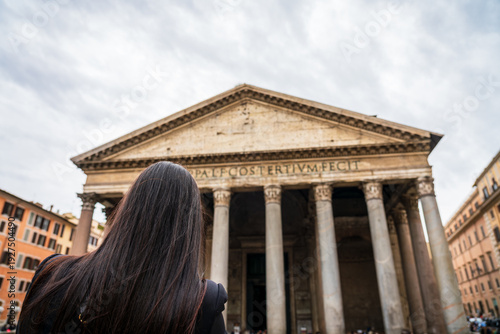 Female tourist in front of Pantheon. Rome. Italy