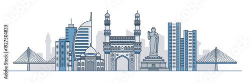 Hyderabad city skyline vector illustration with famous landmarks including Charminar and Buddha statue in monochrome blue line art style for travel and tourism business background.