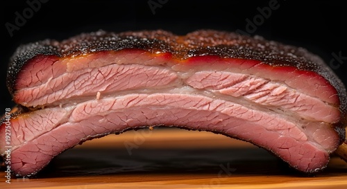 Juicy Smoked Ribs with Perfect Pink Smoke Ring, Glossy Meat Shine and Tender Texture, Close-Up Macro of Succulent Barbecue Pork Ribs Fresh off the Smoker