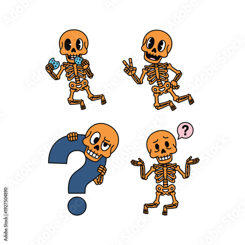 Cartoon skeletons showing different emotions and questioning on white background