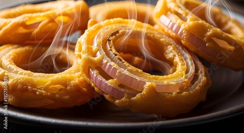 Crispy Onion Bhaji with Golden Batter Rings, Perfectly Fried Crunchy Texture and Onion Layers Visible, Close-Up Edge Detail of Delicious Indian Street Food Snack
