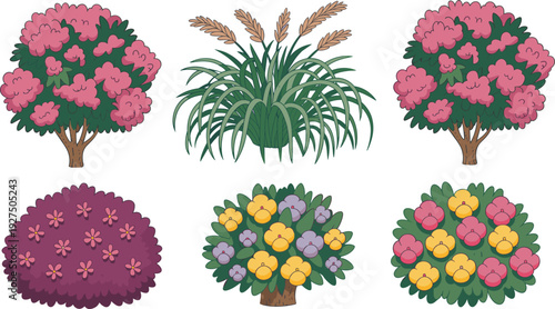 Colorful set of garden shrubs and ornamental bushes, flowering plants for landscape design, botanical garden elements, outdoor greenery, nature icons