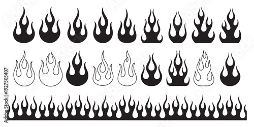 Extensive collection of black fire flame icons and outlines, suitable for various design projects