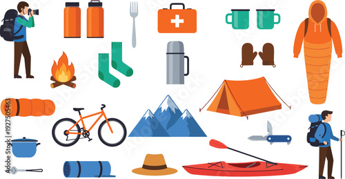 Camping Outdoor Adventure Icons Set with Tent Backpack Sleeping Bag Fire Bicycle and Hiking Equipment Illustration
