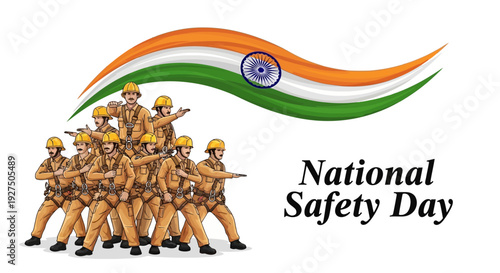 Indian workers in uniform celebrating National Safety Day on March 4 with teamwork and awareness for industrial and workplace safety.