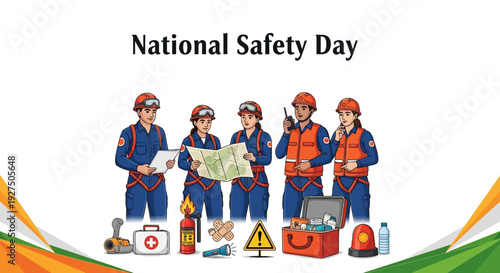 Indian workers in safety gear observe National Safety Day on March 4, promoting workplace and industrial safety awareness.