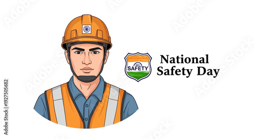 Illustration for National Safety Day India, observed on March 4, promoting workplace, industrial, and road safety awareness with a worker in safety gear.
