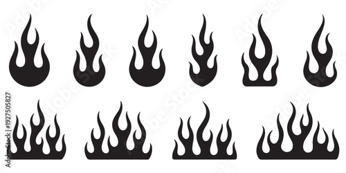 Minimalist black fire flame shapes for modern logo design and decorative border elements set on white