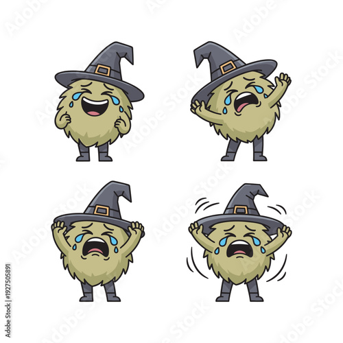Crying cartoon potato character in witch hat expressing sadness and despair