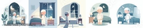 vector of a Muslim little boy waking up for sahur in Ramadan