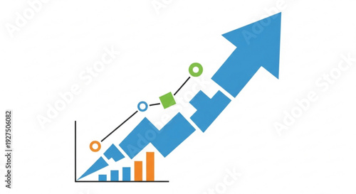 Abstract upward trending blue arrow graph with data points and bar chart elements symbolizing financial growth economic progress positive analytics and business success