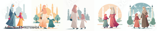 vector of a mother and muslim daughter walking together to the mosque