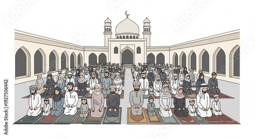 Large group of people praying in a mosque courtyard with arches and domes