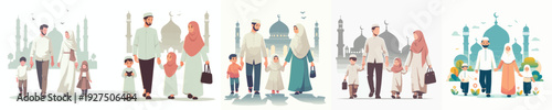 vector of a happy muslim family walking together to the mosque