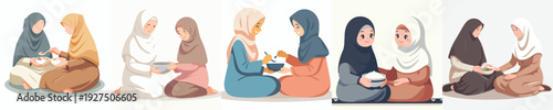 vector of Muslim brothers women sharing food while breaking the fast