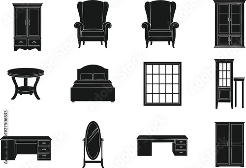 Antique Furniture Silhouette Set Featuring Victorian Armoire Wingback Chairs Bed Pedestal Table Office Desk Standing Mirror and Glass Display Cabinet for Interior Design Asset Collection