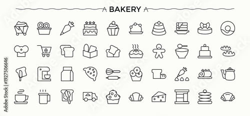 Bakery line icon set. UI icons set in a thin style. Bake line icon set. Contain linear symbols cafe, kitchen, pastry, cook, sweet and more.