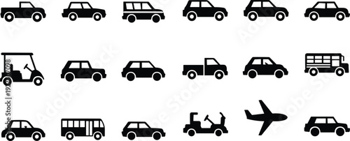 Black vector land transportation icon set including van, pickup truck, bicycle, sedan, suv, and bus silhouettes isolated on a plain white background.