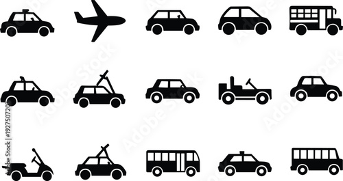 Black vector transportation icon set featuring airplane, sailboat, bus, taxi, scooter, tractor, van, truck, bicycle, and car silhouettes isolated on white background.
