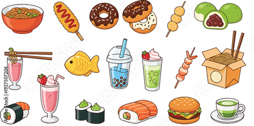 Cute fast food and Asian cuisine flat vector set with drinks desserts