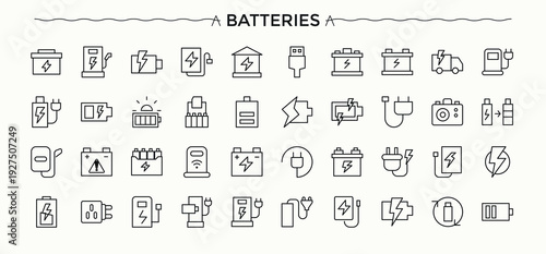 Battery icon collection. Charging thin outline icons pack. Modern thin line style icons. Energy line icon set. Editable stroke collections.
