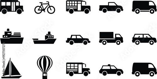 Black vector transportation icon set featuring bus, bicycle, truck, van, ship, car, sailboat, hot air balloon, and taxi silhouettes isolated on white background.