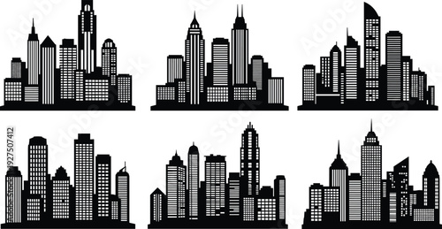 Modern city skyline silhouette set featuring urban skyscraper buildings in black vector style isolated on white background for architecture and business design