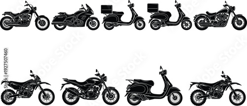 Motorcycle Silhouette Vector Set Featuring Chopper Sportbike Delivery Scooter Dirt Bike Moped and Touring Motorbike for Transportation Logo Design and Vehicle Icon Asset Collection