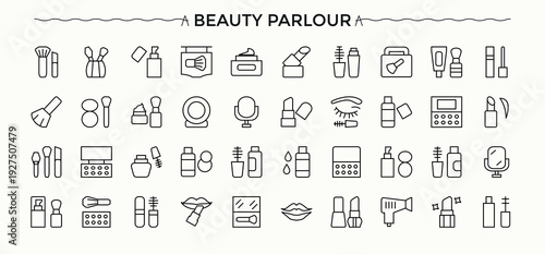 Beauty Parlour icon set in linear style. Minimal icons collection. Contain linear symbols hair salon, care, parlour, beauty, cosmetic, spa. Editable stroke. Pixel Perfect. Salon vector icon set.