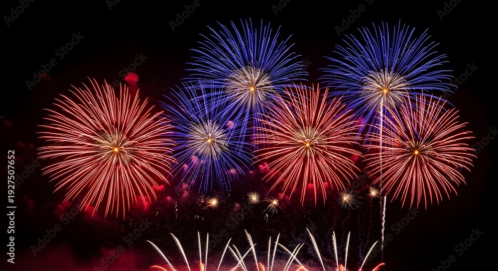 Fototapeta premium Vibrant fireworks exploding in the night sky with various colors and patterns