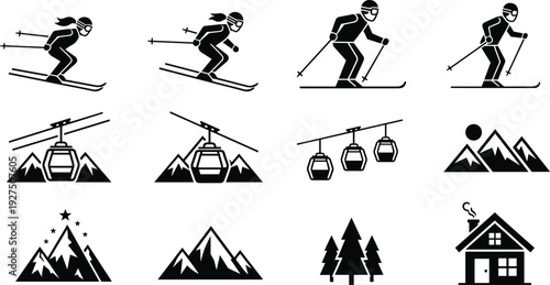 Set of winter sports icons featuring skiers cable cars mountain peaks pine trees and snow cabins flat vector illustration for ski resort design