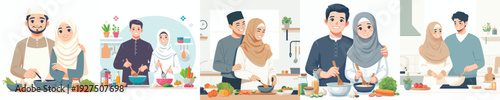 vector of a Muslim couple cooking together iftar food