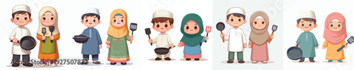 vector of a Muslim little children standing holding cooking utensils