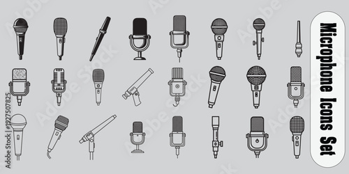 Microphone vector icon set. Collection of vintage, studio, and broadcast mics for podcast, karaoke, radio, and audio recording graphic designs.