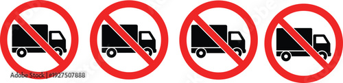 No truck allowed traffic sign collection isolated on white background, prohibition road symbol for heavy vehicles restriction, transport safety vector illustration set