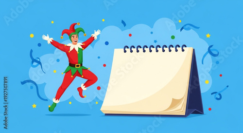 Jester celebrating holidays near blank calendar with confetti and streamers