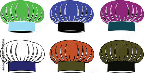 Collection of Colorful Chef Hat Silhouettes Featuring Traditional Toque Blanche Designs in Green Blue Purple White Orange and Olive for Culinary and Restaurant Brand Identity