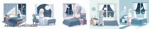 vector of a Muslim little girl waking up for sahur in Ramadan